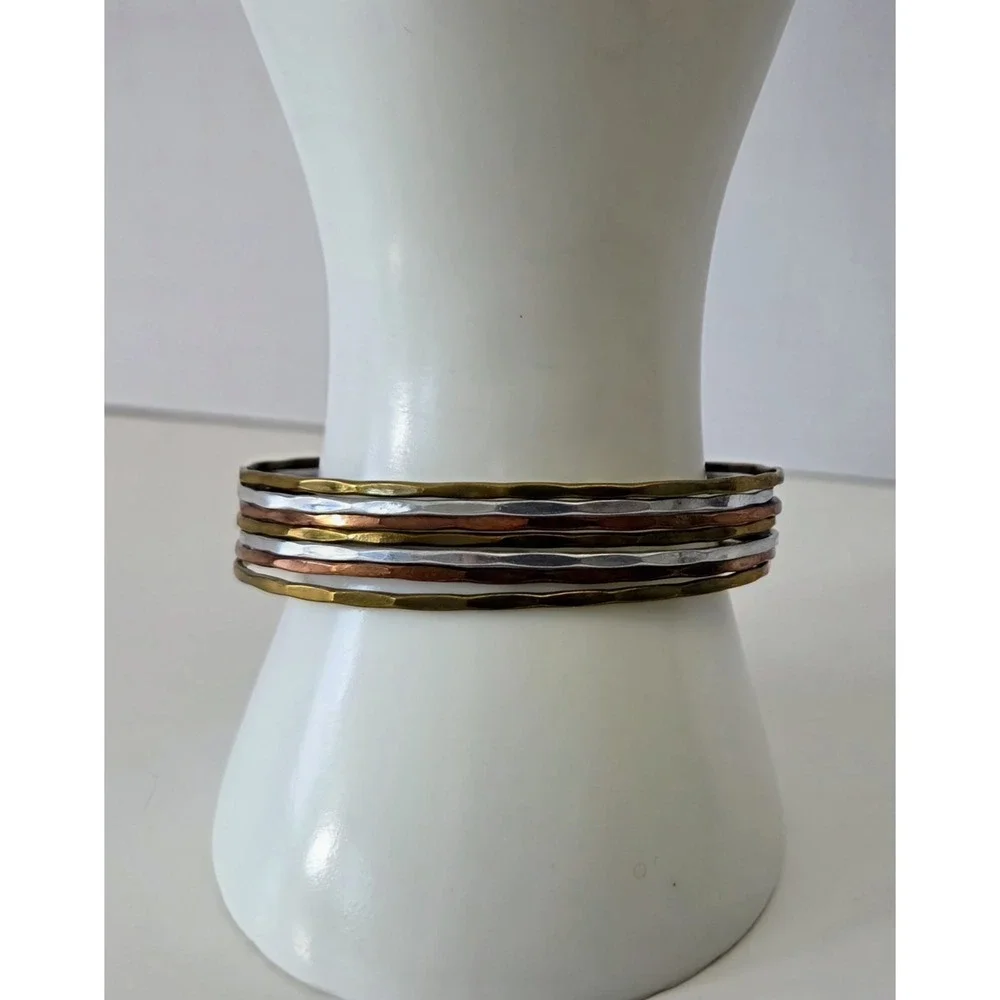 Tri Color 7 Band‎ Hammered Metal Cuff Bracelet Brass Silver Copper Tones Unisex
